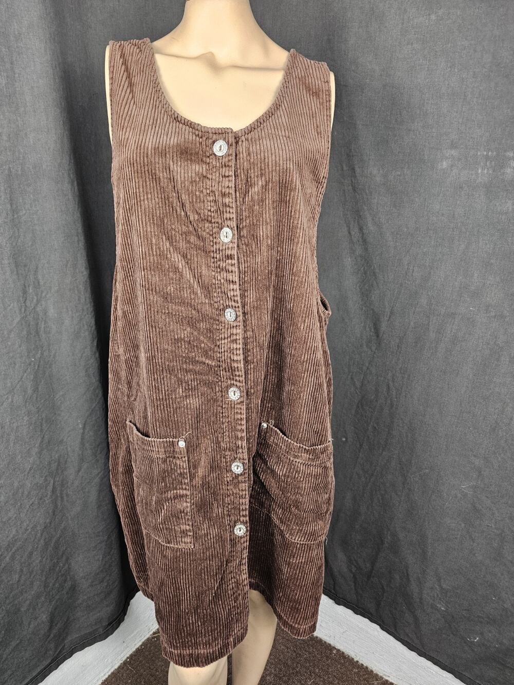 VTG Brown Corduroy Jumper Dress Button Front Pockets Plus Size 18 20 Cottagecore